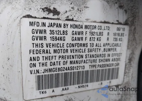 2010 Honda Fit from USA, damaged, VIN JHMGE8G24AS012713